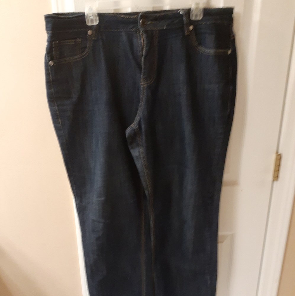 Straight leg dark wash stretch jeans